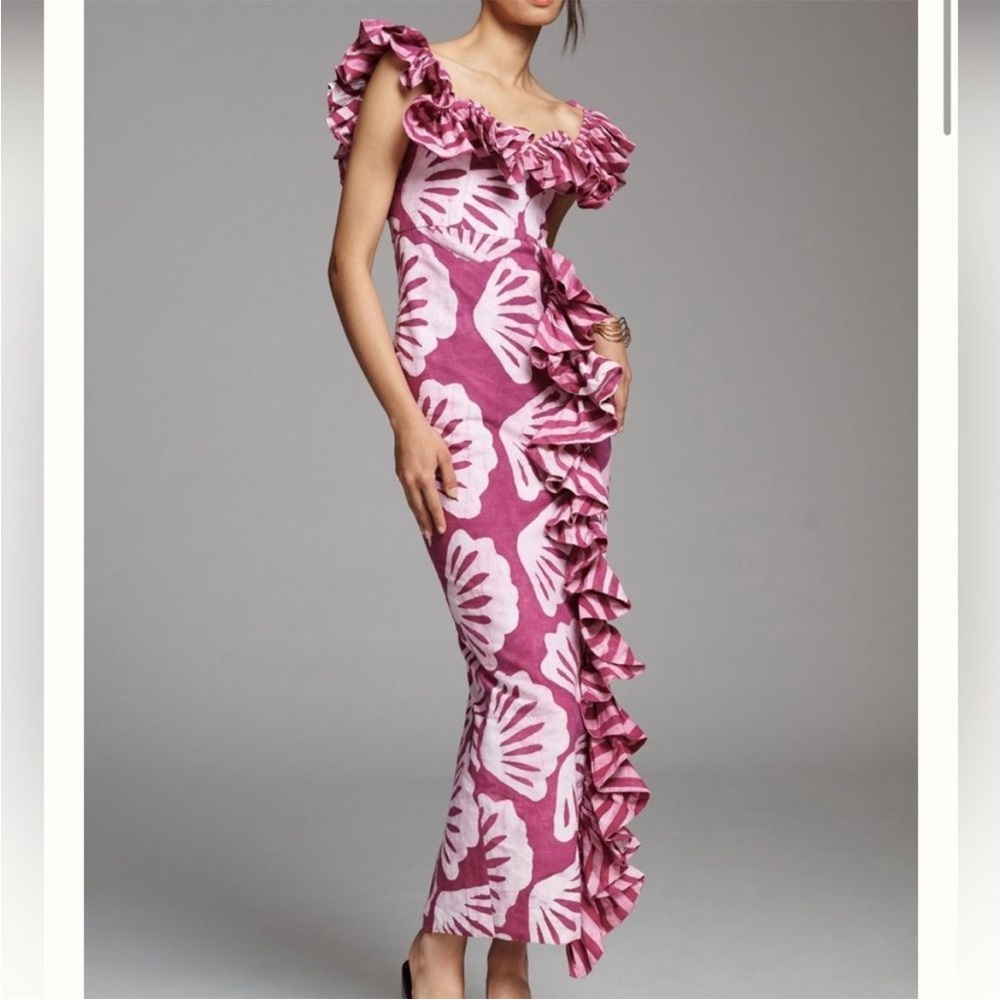 Sika Pink and White Ruffled One-Shoulder Maxi Dress